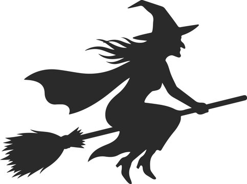 halloween witch flying on broomstick silhouette vector illustration
