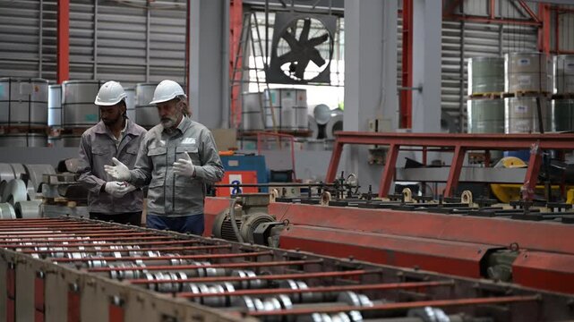 Industrial engineers in hard hats discussing operations in factory