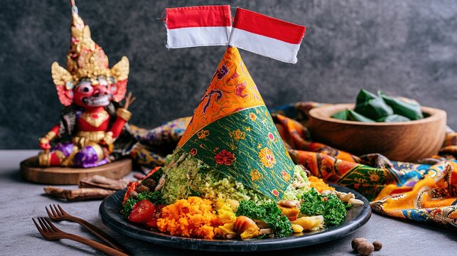 Nasi tumpeng with batik and wayang, Indonesian festive food tradition, rich cultural imagery, soft realistic light