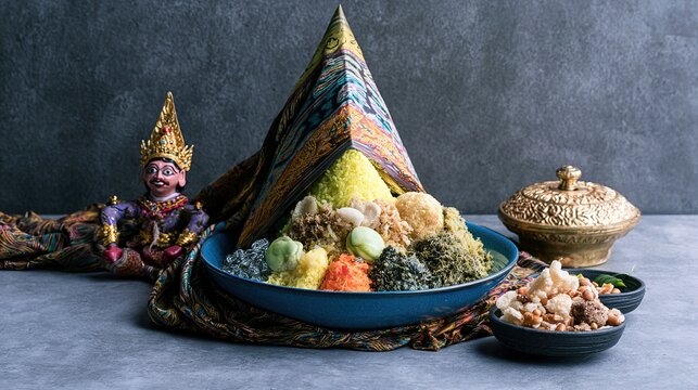Indonesian festive nasi tumpeng with batik and wayang puppet, traditional food culture, rich detail, natural light