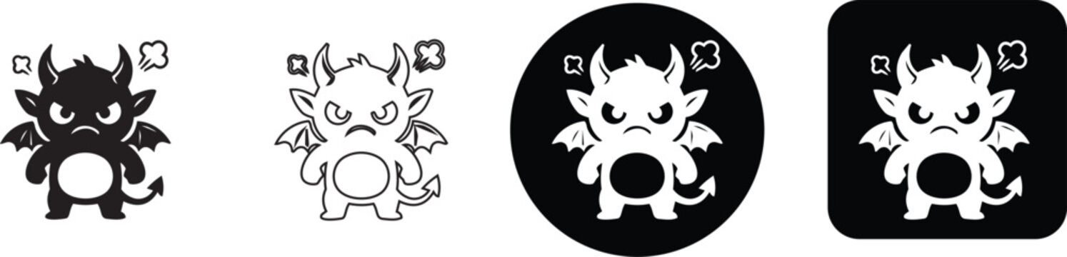 Angry little red devil monster icon collection with fumes coming out of ears