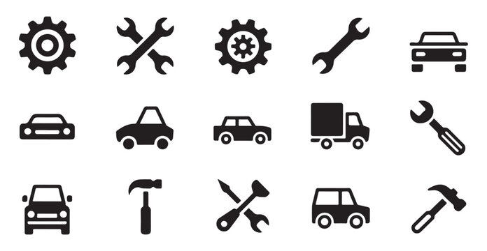 Automotive transport and mechanical repair shop vector icons showing cars tools and hardware.