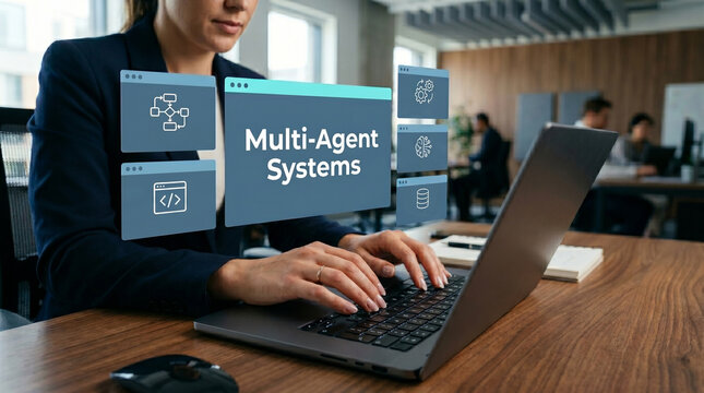 Businesswoman typing on laptop with multi agent systems text and icons, agent collaboration, workflow automation