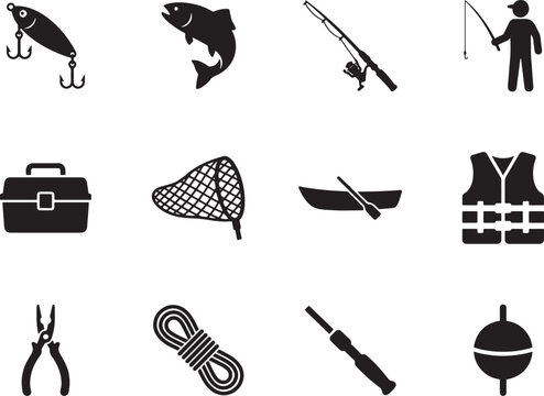Fishing Gear and Angler Silhouette Icon Set &ndash; Outdoor Sport Equipment Vector Collection

