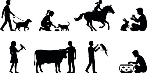 Fototapeta premium Collection of human–animal interaction silhouettes featuring pets, livestock, and companionship