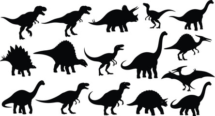 Dinosaur silhouette collection with prehistoric animal vectors including tyrannosaurus rex triceratops stegosaurus and pterodactyl © MDJAYNAL