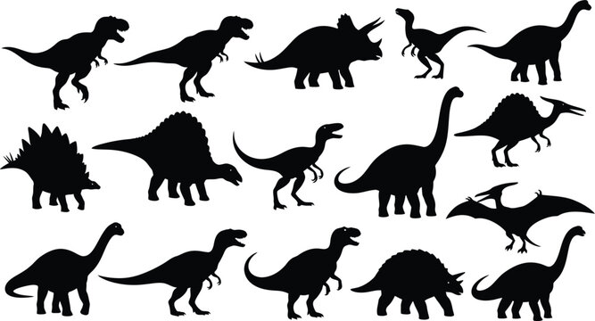 Dinosaur silhouette collection with prehistoric animal vectors including tyrannosaurus rex triceratops stegosaurus and pterodactyl