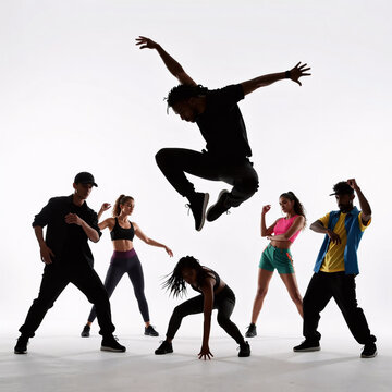 Dark Fantasy Jazz 3D. Vibrant, Expressive Group Of Dancers Performing Jazz Funk Hip Hop House Dance On A White Background In Celebration