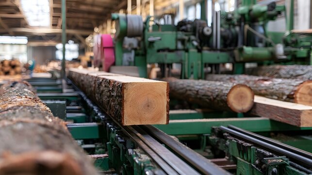 Industrial scene of robust sawmill ope ns cutting logs with strong lines and dramatic lighting
