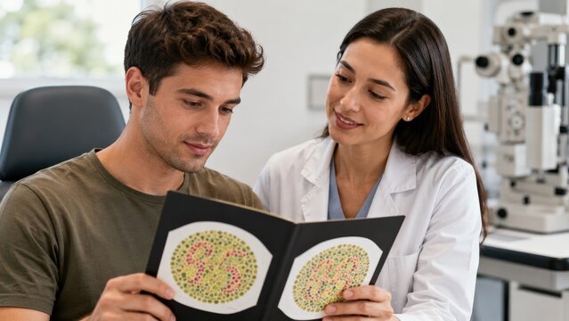 Optometrist conducting a color vision test with a patient using Ishihara plates in a clinical eye exam room