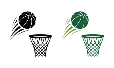 Basketball and hoop vector illustration with motion lines, featuring a ball soaring toward the basket, symbolizing sports action, competition, scoring, and athletic performance. © Abdul Malek