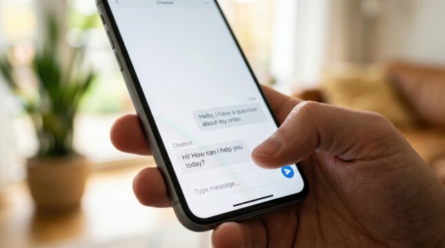 Man using smartphone to chat with automated AI chatbot. Customer experience support via mobile messaging app. Virtual digital assistant helping with order in online store interface.