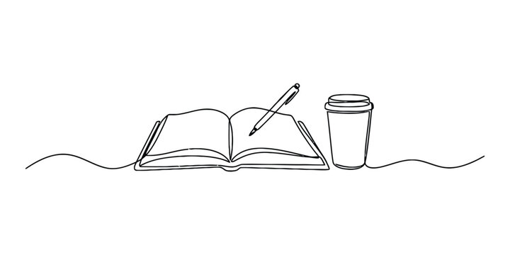 Continuous single line drawing of an open book with a pen and a coffee cup Vector, illustration