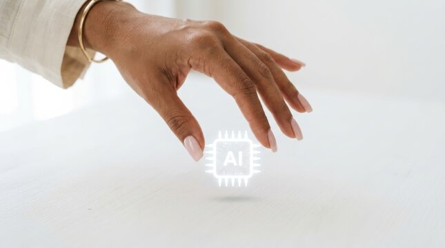 Hand reaching toward glowing AI chip icon. Artificial intelligence innovation concept.