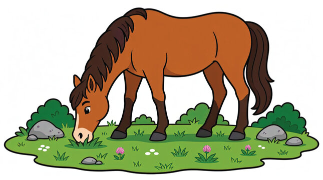 Brown Horse Grazing on Green Grass.