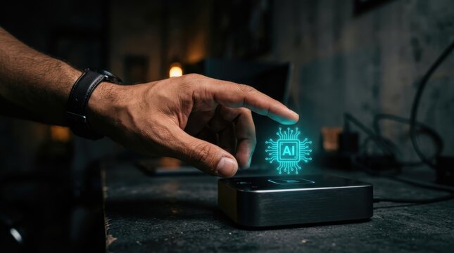 Man interacting with glowing AI hologram icon hovering over smart home controller interface. Digital virtual assistant and artificial intelligence technology concept for smart house automation.