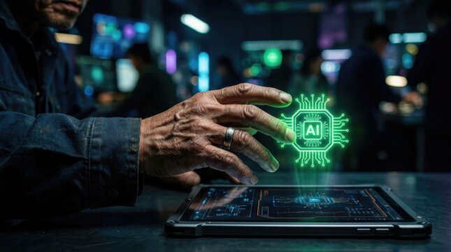 Man using tablet with holographic ai chip interface. Future technology concept for digital assistant and automation. Innovation in computer programming and cybernetic data processing system.