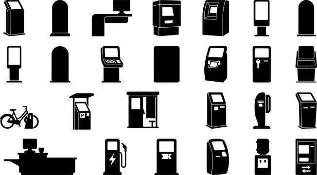 isolated self-service kiosk silhouettes, information terminals, ticket machines, simplified commercial structures black shilhouette vector icon pack editable