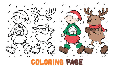Fototapeta premium Christmas kids coloring page, winter holiday activity sheet, cartoon characters, festive illustration, coloring book page