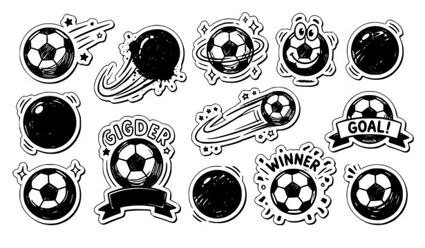 Hand drawn doodle football sticker vector soccer ball illustration set
