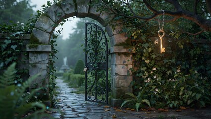 Fototapeta premium Enchanting garden entrance with stone archway, iron gate, lush greenery, and hanging key in a tranquil outdoor setting