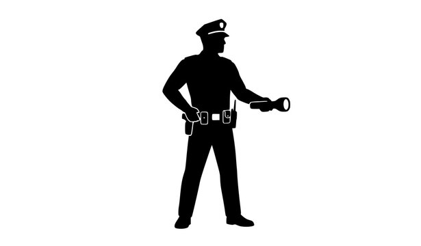 Security Guard Silhouette Standing Alert with Patrol Equipment Vector Illustration Isolated on White Background