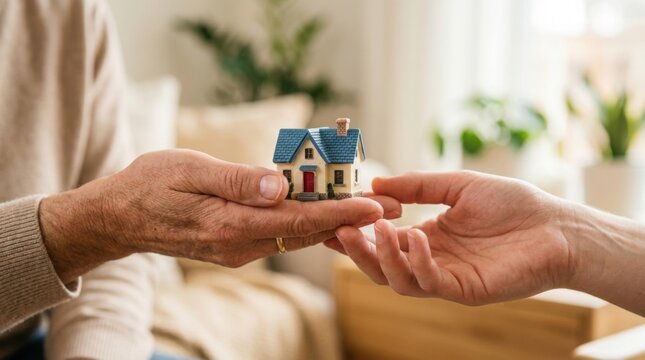 Hands exchanging miniature house, symbolizing property transfer