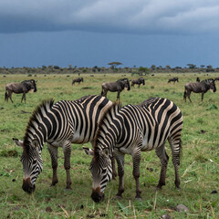 Obraz premium Geometric Storm National. In Nxai Pan National Park, Botswana, Africa: Burchell'S Zebras Graze On A Verdant Meadow Beneath A Stormy Blue Sky