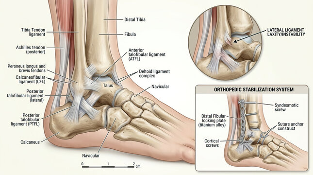 Ankle anatomy illustration showing bones, tendons, and ligaments including tibia, fibula, talus, calcaneus, and ligaments with orthopedic stabilization system details