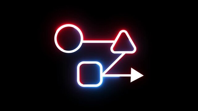 Neon glowing flowchart diagram with geometric shapes on black background animation.
