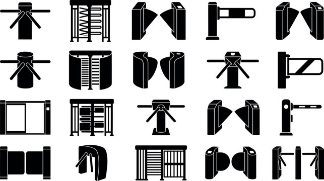 isolated turnstile silhouettes, access control structures, entry gate forms, simple geometric construction, vectorization optimized black shilhouette vector icon pack editable