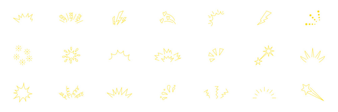 Hand drawn doodle sparkle and sunburst element set. Isolated vector illustration of black ink explosion, shine, rays, and emphasis symbols for creative design and comic style decoration.
