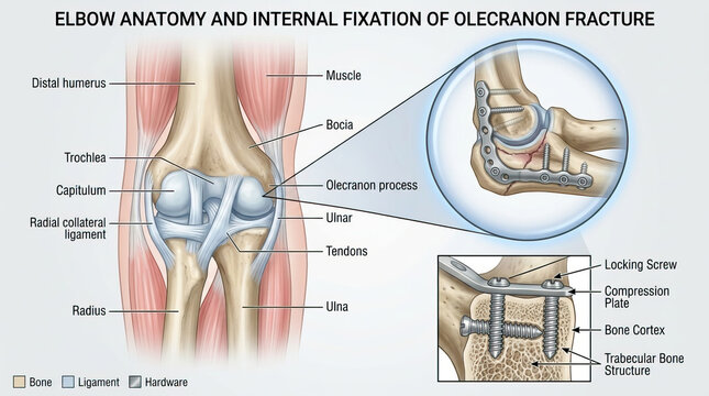 Elbow anatomy showing bones, ligaments, muscles, and tendons with internal fixation hardware for olecranon fracture including locking screw, compression plate, and trabecular bone structure