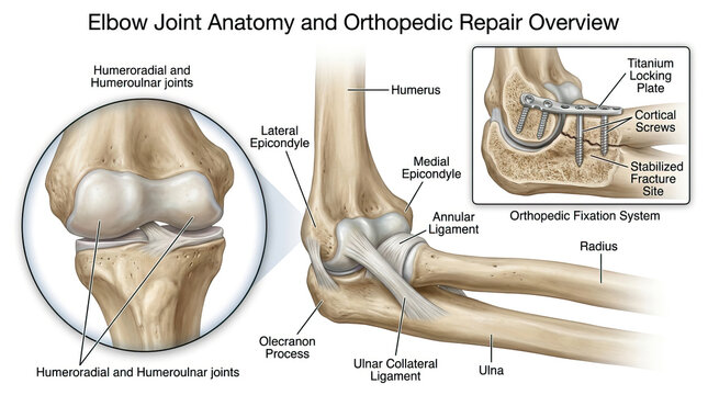 Elbow joint anatomy showing humeroradial and humeroulnar joints, lateral and medial epicondyle, olecranon process, ligaments, and orthopedic fixation system with titanium plate and screws