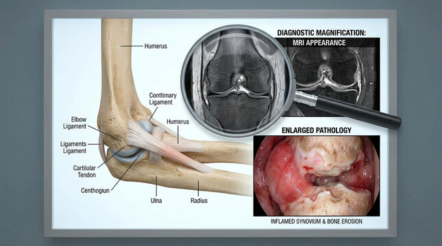 Elbow joint anatomy showing humerus, ulna, radius, ligaments, and tendons with MRI diagnostic magnification and enlarged pathology of inflamed synovium and bone erosion