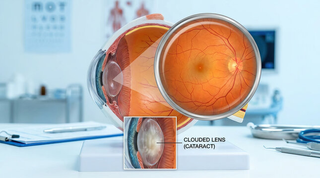Eye anatomy revealing with detailed view of clouded lens indicating cataract condition, medical model showing eye structure and retina in clinical setting