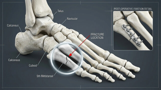 Fracture of 5th metatarsal bone in foot with detailed anatomy of surrounding bones including calcaneus, talus, navicular, and cuboid, showing post operative fixation with screws