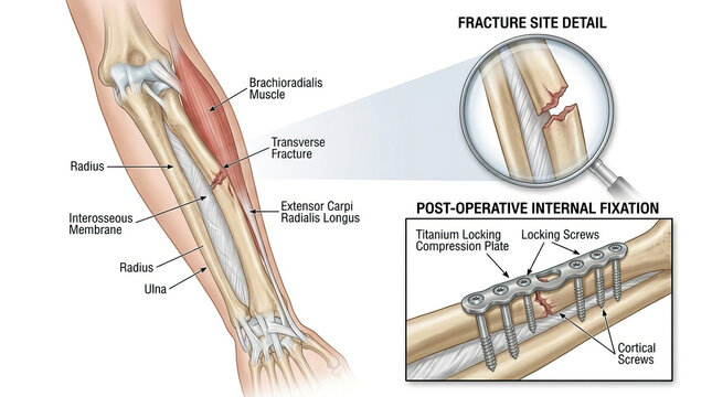 Transverse fracture of radius bone in forearm with detailed view of break and post operative internal fixation using titanium locking compression plate and screws for healing