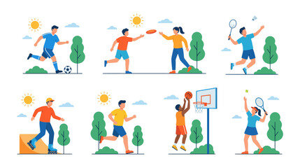 Fototapeta premium Flat vector illustration set featuring people playing various sports including soccer, badminton, tennis, basketball, volleyball, running, skateboarding, and fitness activities