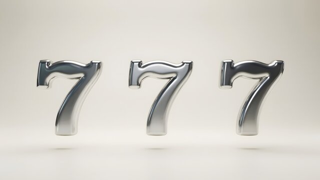 Three shiny silver number sevens arranged in a row on a neutral background