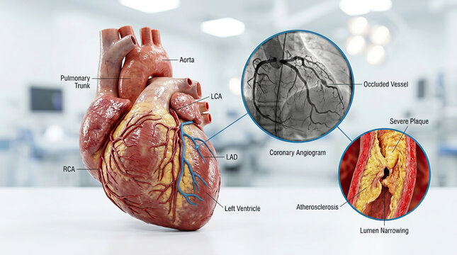 Human heart anatomy with labeled parts including aorta, pulmonary trunk, LCA, LAD, RCA, and left ventricle, alongside coronary angiogram showing occluded vessel and atherosclerosis with severe