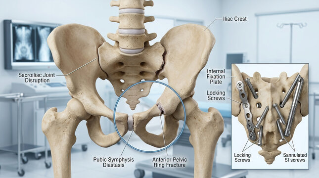 Pelvic anatomy with sacroiliac joint disruption, pubic symphysis diastasis, anterior pelvic ring fracture, internal fixation plate, locking screws, and sacral screws in clinical setting