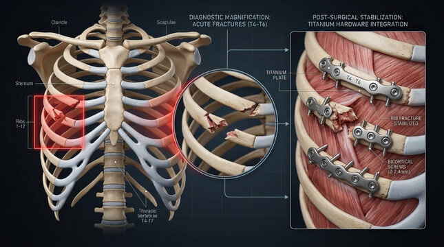 Fractured rib anatomy with surgical titanium plate and screws stabilizing broken ribs in thoracic vertebrae area, showing clavicle, scapulae, and sternum bones in detailed medical illustration