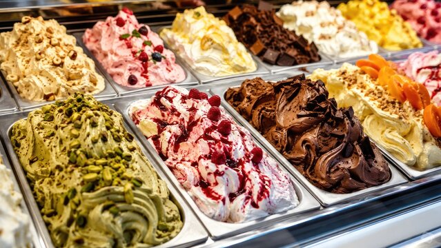 Colorful display of assorted creamy gelato and ice cream flavors in metal pans at a shop counter
