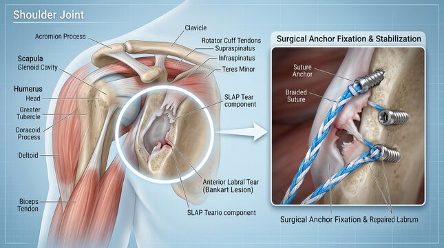Shoulder Joint Clavicle Scapula Humerus Tendon Rotator cuff SLAP tear Surgical anchor Stabilization Anatomy Muscle Bone Ligament Repair Medical Orthopedic Injury Surgery Labrum Acromion Coracoid