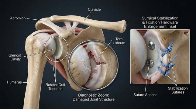 Shoulder joint anatomy clavicle acromion glenoid cavity humerus rotator cuff tendon torn labrum surgical stabilization fixation hardware suture anchor stabilization suture damaged joint structure