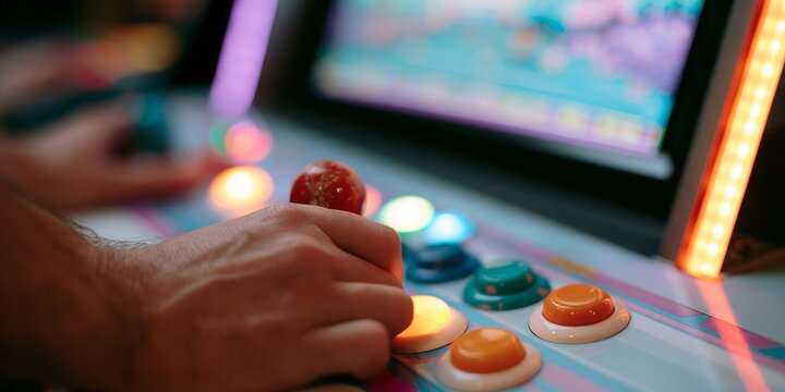Person plays arcade game with hands on controls