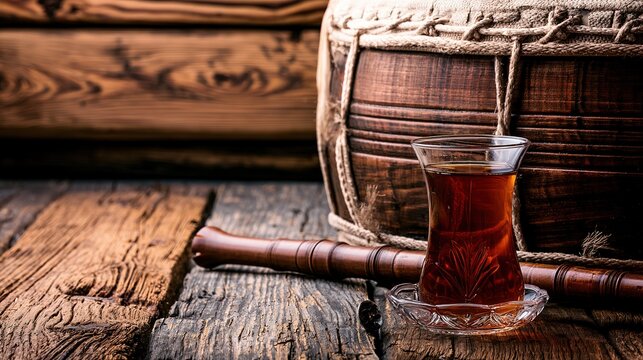 Turkish traditional instruments and tea culture still life, davul, zurna, tulip glass, realistic light, folk details