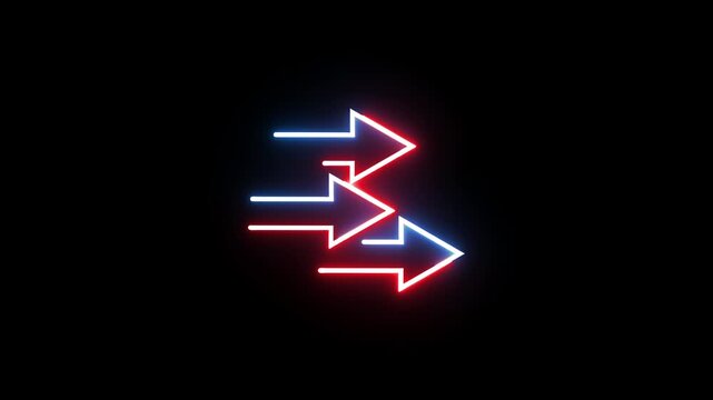 Neon glowing arrows animation with light trails moving forward on dark background.