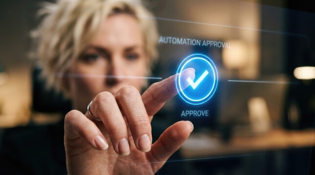 Woman touching virtual screen with automation approval icon. Businessman using digital interface for checkmark verification. Artificial intelligence technology and smart business workflow.